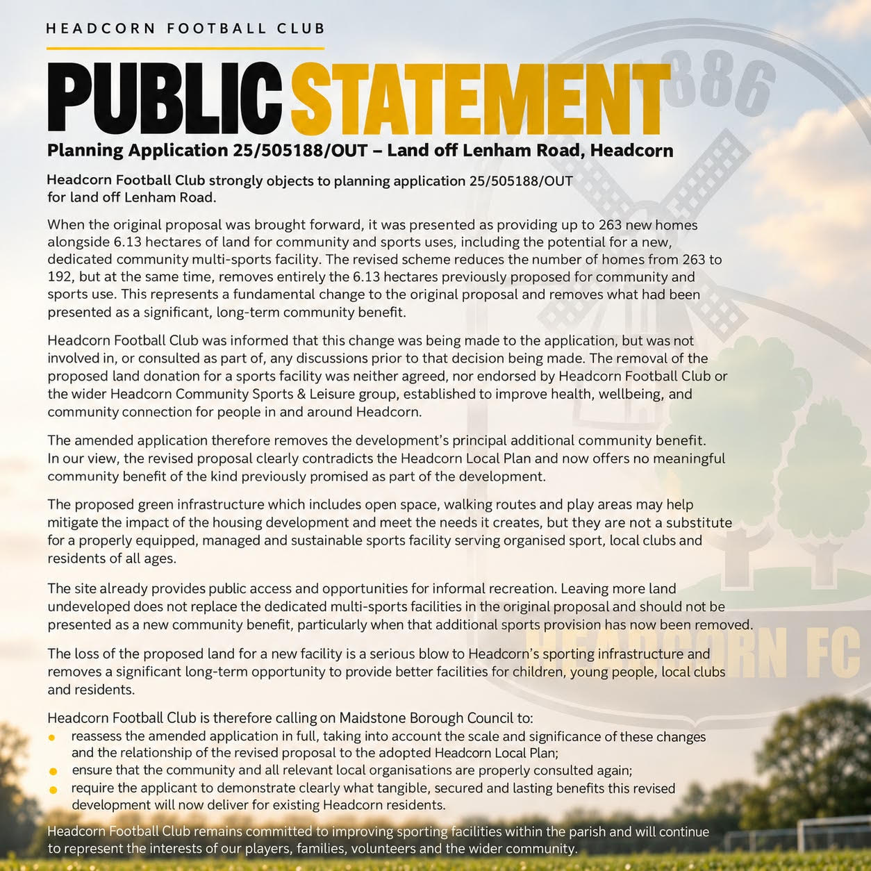 Public statement about Lenham Road planning application